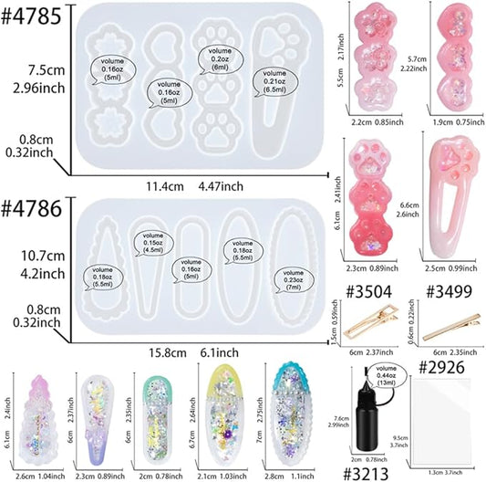 Hair Clips Resin Shaker Molds Set Barrette Pack of 12 Epoxy Silicone Trays Precision Tip Applicator Bottle Kit Bundle