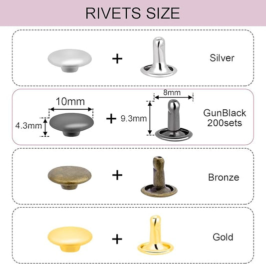 CooBigo 400Sets Rivets for Leather, 10mm Double Round Cap Rivets, Leather Rivets Tubular Studs Spike for Purse Strap Key Rings Clothing Fabric Pets Collar Repair Hardware (4 Color)
