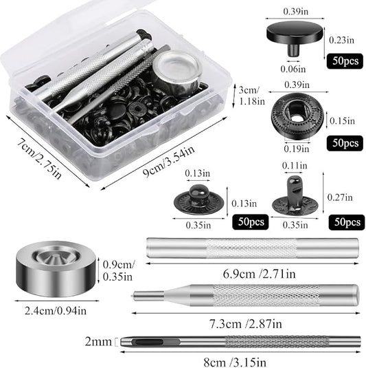 TLKKUE 50 Sets Leather Snap Fasteners Kit 10mm Black Metal Snap Buttons kit Stainless Steel with 4pcs Snap Fastener Installation Tools for Sewing Clothing, Bracelets, Jackets, Bags Belt, DIY Crafts