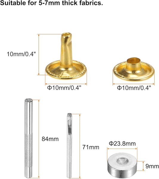 HARFINGTON 100 Sets Leather Rivets 10 x 10mm Metal Double Cap Rivet Snaps Studs Fasteners with 3pcs Setting Tools Rivets for Leather Craft DIY Repair Decoration, Gold Tone