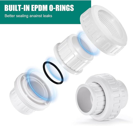 VYH 3/4" PVC Union Coupling Pipe Fitting (Socket x Socket) 3/4" PVC Slip Union PVC Adapter Coupling Schedule 40, EPDM O-Ring, White (2 Pack)