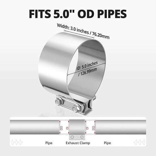EVIL ENERGY 5.0 Inch Exhaust Clamp, Butt Joint Band Clamp Sleeve Coupler Stainless Steel for Pipes, Mufflers, Catalytic Converters 4PCS