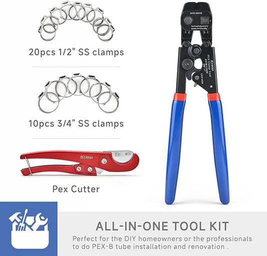 iCRIMP Ratchet PEX Cinch Tool with Removing function for 3/8 to 1-inch Stainless Steel Clamps with 20PCS 1/2-inch and 10PCS 3/4-inch PEX Clamps and Pipe Cutter- All in One