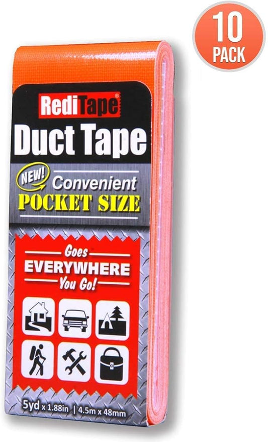 Travel Size Pocket Duct Tape 10-Pack | 1.88 inches x 5 Yards per Flat Pack (10-Pack, Fluorescent Orange)