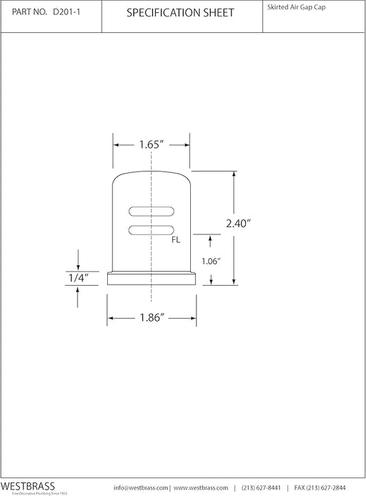 Westbrass D201-1-01 1-3/4" x 2-3/4" Solid Brass Air Gap Cap Only, Skirted, Polished Brass