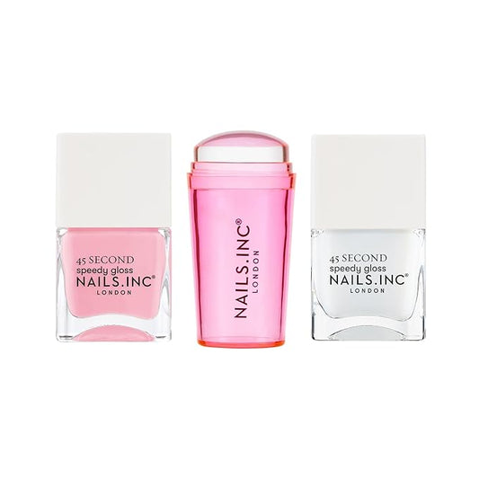 Nails Inc 45 Second Speedy Gloss French Manicure Hack Set, Pink, No Chip, Long Lasting, Quick Dry, Air Dry, Professional Manicures & Pedicures, Silicone Stamper, DIY Nail Art Design, 3 Piece Set