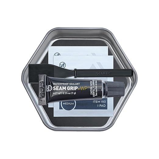 GEAR AID Seam Grip WP Camp & Trail Repair Kit – Waterproof 0.25 oz Sealant with Four Tenacious Tape Hex Patches (2.5", Black and Clear) for Fixing Holes, Seams on Tents, Sleeping Pads and Outdoor Gear
