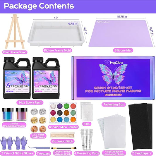 HeyClear Epoxy Resin Picture Frame Silicone Mold Kit -34 oz Super Clear and Hard Resina Complete Craft Accessories and Supplies Set for Casting Art, DIY Photo Gifts