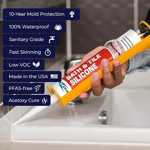 Bond It Bath & Tile Silicone, Premium Long Term Acetoxy Sealant, Waterproof Flexible Sanitary Silicone - Bathrooms, Kitchens, Showers, Tubs, Sinks, Countertops, Backsplashes, 10 oz, Pack of 12, Clear