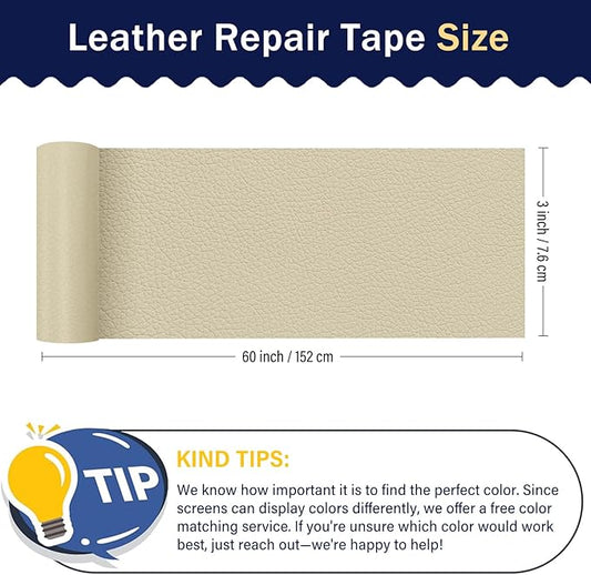 Zenyao Leather Repair Patch Tape - Self Adhesive Leather Repair Kit for Car Seat Furniture, Heavy Duty Vinyl Repair Patch for Couch Sofa, Waterproof Fix for Tears, 3x60 Inch Roll, Off White
