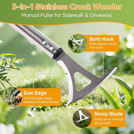 Crack Weeder, 3-in-1 Stainless Steel Weeding Tool with 60" Long Handle - Stand Up Weeder for Driveway, Sidewalk & Deck Crevices - No Bending, Tool-Free Assembly
