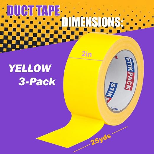 3 Rolls Yellow Duct Tape, Heavy Duty Strong Industrial Colored Duct Tape 9mil x 2inch x 25yds Flexible, No Residue, Waterproof and Tear by Hand, Multi-Use for Indoor & Outdoor Repairs