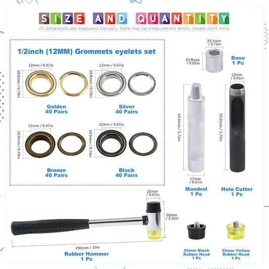 Glarks 164Pcs 1/2 Inch Grommets Eyelets with Tool Sets, 160Pcs 4 Colors Grommets Eyelets with 4Pcs Installation Tools for Fabric, Canvas, Curtain, Clothing, Leather Repair and Decoration