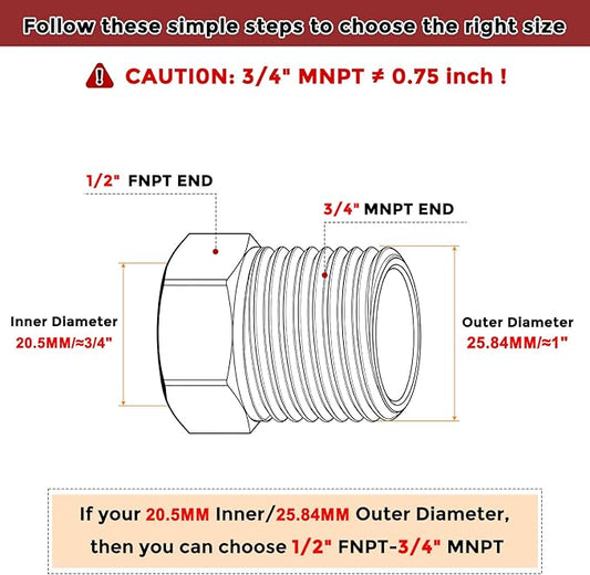 Pack of 8, 3/4" Male NPT to 1/2" FeMale NPT Solid 304 Stainless Steel Hex Bushing with Sealing Tape, Hose Fittings Adapter Reducer for Bathroom Remodel, Tool Extensions