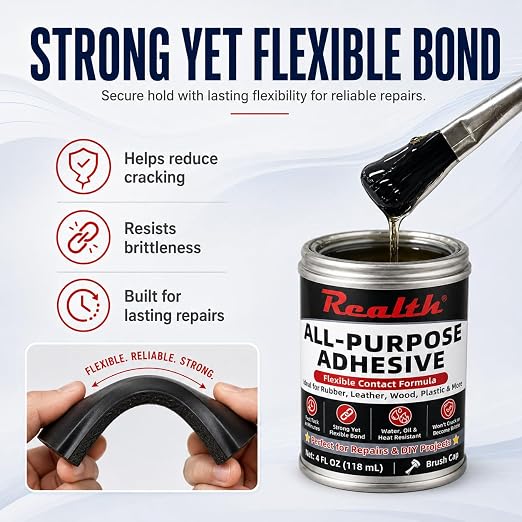 Realth All Purpose Adhesive 4 oz Brush Can Strong Flexible | Contact Cement Repair Glue for Leather, Rubber, Neoprene, Plastic & Wood, Fast Drying