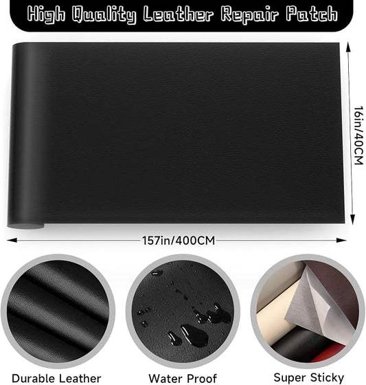Leather Repair Patch, Self Adhesive Leather Repair, Large Leather Repair Tape for Sofa, Car Seats, Furniture, Cabinets, Chairs, Handbags (Black, 16X157 inch)
