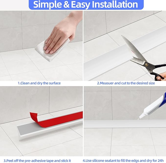 39 Inch Shower Threshold Water Dam Barrier,Silicone Shower Door Bottom Seal for Water Stopper,Flexible Edge Trim for Kitchen Sink Splash Guard,Self Adhesive Water Blocker for Bathtub,Black