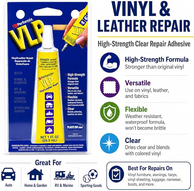 Plasti Dip VLP Vinyl & Leather Repair Adhesive, 1 fl oz, Clear High-Strength Air-Dry Formula for Vinyl Furniture, Leather, Awnings, Tarps, Luggage, Rainwear, Boots & Flexible Material Repairs