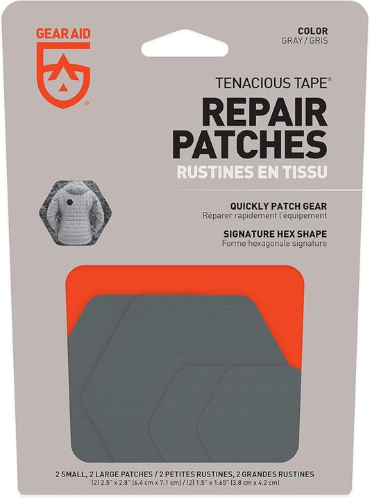 GEAR AID Tenacious Tape Hex – 2.5” & 1.5” Repair Patches (4 Patches: Two 2.5” & Two 1.5”, Gray) – Peel-and-Stick Outdoor Nylon Fabric to Fix Holes and Burns in Down Jackets, Rain Gear and Tents