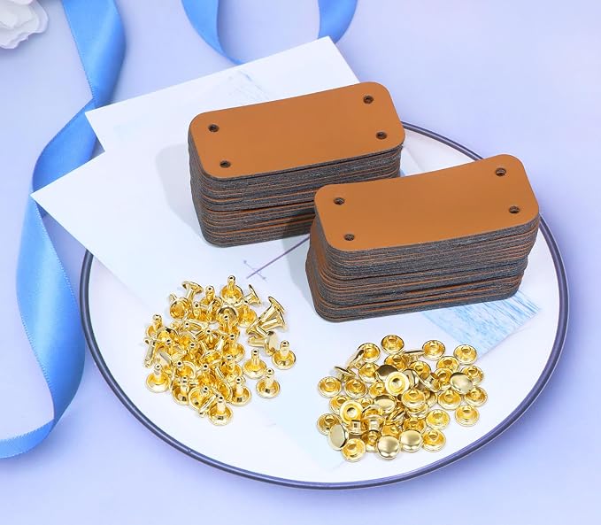 ONLYKXY Brown PU Leather Handmade Tag with Rivet Button for Knits,Rectangle Universal Blank Label Cute Repair Patch Soft Crochet Tape with Holes for DIY Clothing,Sewing Stamping,Keychain (50)
