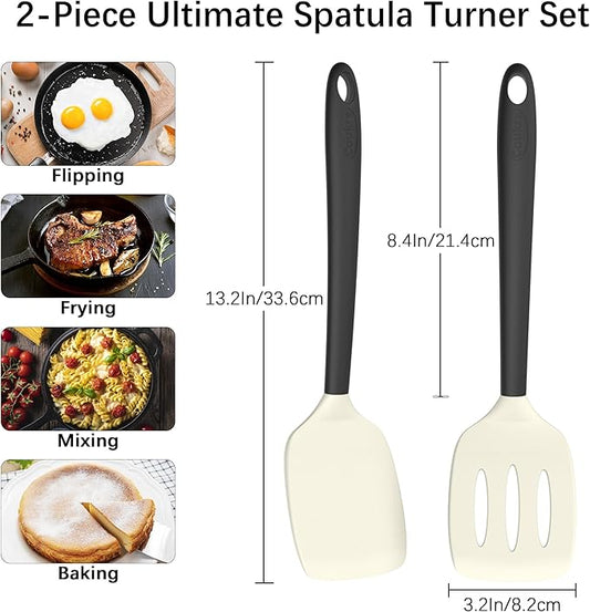 Coukre 2 Pack Silicone Spatula Set, High Heat Resistant, BPA Free Kitchen Spatula, Solid & Slotted Turner for Non-Stick Pans, Sautéing, and Flipping (2, BeigeBlack)
