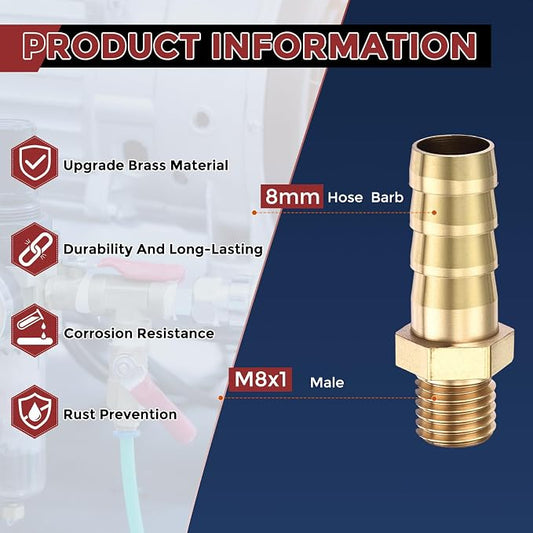 Pack of 8 Brass Hose Barb Fittings Adapter Connector 8mm Hose Barb to M8x1 Male Fittings for Home Machines, Massage Bathtubs, and Irrigation Systems