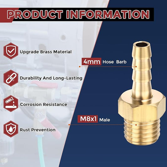 Pack of 4 Brass Hose Barb Fittings Adapter Connector 4mm Hose Barb to M8x1 Male Fittings for Home Machines, Massage Bathtubs, and Irrigation Systems