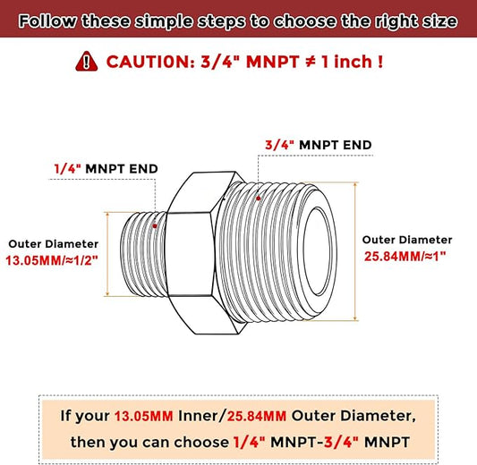 Pack of 2, 3/4" NPT Male to 1/4" NPT Male Solid Brass Hex Nipple Hose Connectors, Male Pipe Adapter for Pipe Leak Repair, Bathroom Remodeling, Tool Extensions, Compression