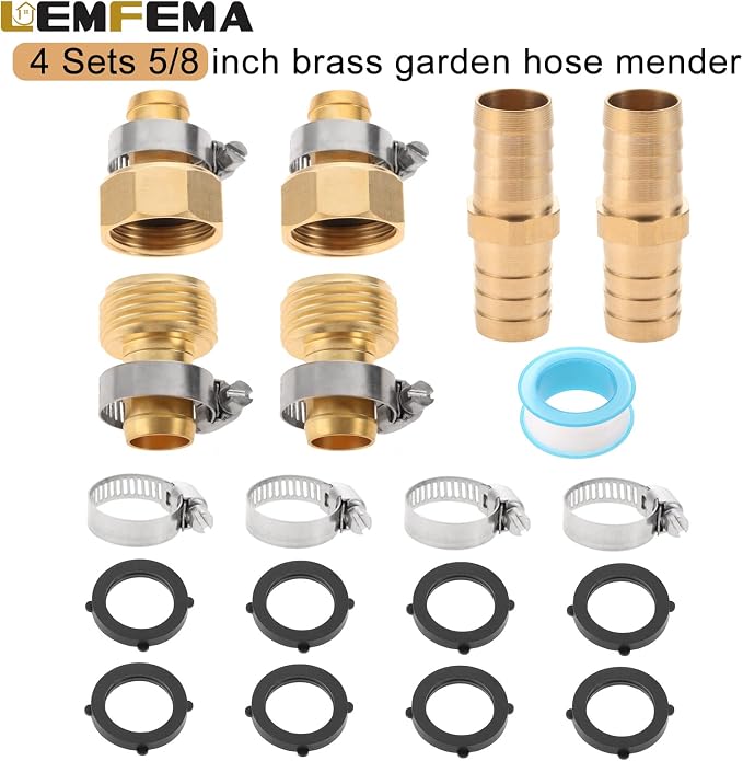 4 Sets 5/8 Inch Garden Hose Connector Repair Kit, Solid Brass Water Hose Coupling Splicer Mender Female and Male Hose Connector with Tape, Stainless Steel Clamp and Rubber Gasket
