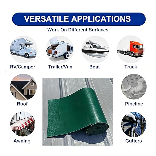 Waterproof Sealant Tape Self Adhesive Rubberized Asphalt Tape for RV Roof Metal Roof Corrugated Roof Leak Repair UV Resistant Heavy Duty Waterproofing Membrane (Green, 196.85 Inches X 11.81 Inches)