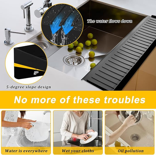 Silicone Sink Edge Protectors - Multifunction Accessories, Splash Guard & Draining Mat for Kitchen, Bathroom Sink, Steel, Granite, Quartz Countertops (Black, 4 * 30in)