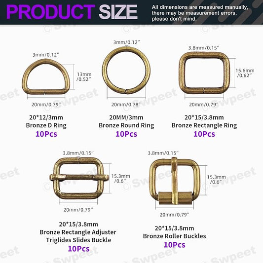 Swpeet 5 Style Metal Buckles - Adjustable Slide, D Ring, Circular Ring