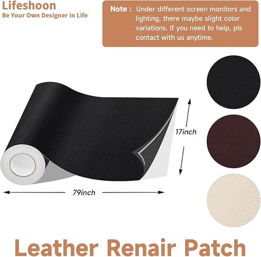 Leather Repair Patch, 17X79 Inch Breathable Perforated Self Adhesive Leather Repair Tape, Large Vinyl Patch Kits for Couch, Furniture, Sofa, Car Seat, Office Chairs (Black, 17X79 Inch)