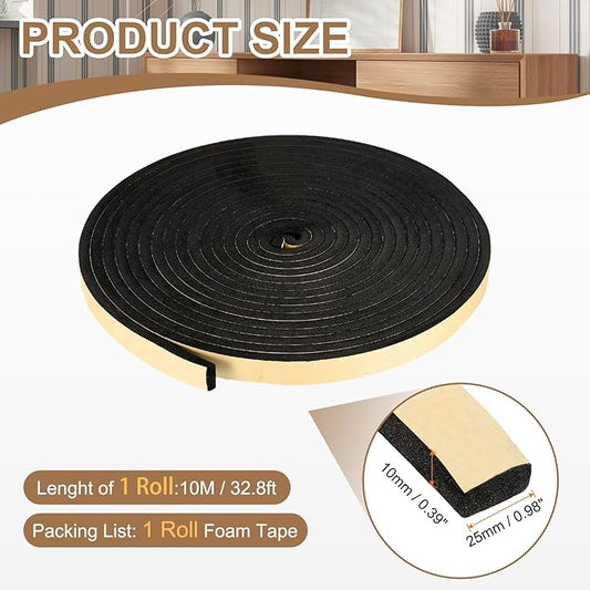 PATIKIL Foam Insulation Tape, 1" W x 3/8" t x 32.8FT Self Adhesive Weather Stripping Door Seal Strip for Door Window Air Conditioning, Black