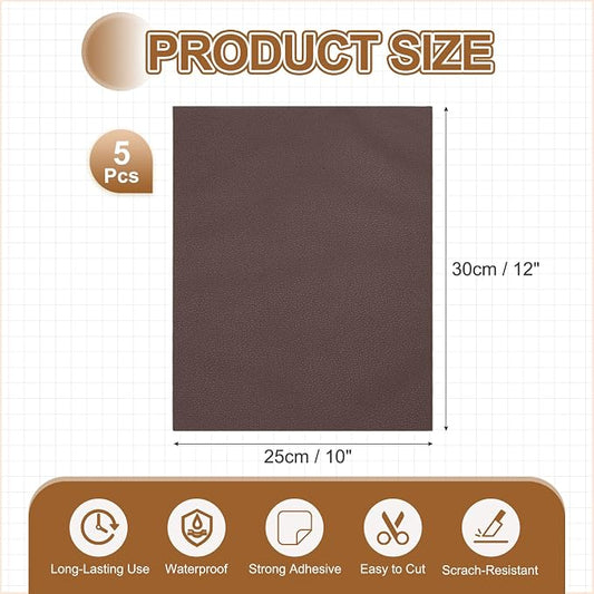 MECCANIXITY 5 Pcs Leather Repair Patch 10"x12" Self-Adhesive Leather Vinyl Repair Tape Kit for Furniture Couches Sofa Chair Car Boat Seats Jackets, Dark Brown