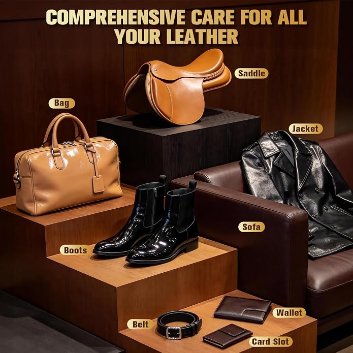 Leather Boot Care Kit, 7-in-1 Saddle Soap & Mink Oil for Leather Cleaning & Polish with 2 Horsehair Brush, Polishing Cloth, Microfiber Cloth, Leather Cleaner and Conditioner for Boots, Shoes, Couch
