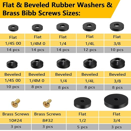 160 Pieces Hose Bib Washer & Faucet Washers Assorted Kit (14 Sizes) - Includes Hose Gaskets, Flat & Beveled Rubber Washers, Brass Bibb Screws for Outdoor Spigot, Garden Valve, Leak Plumbes