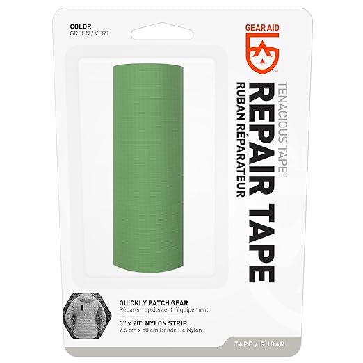 GEAR AID Tenacious Tape 3” x 20” Fabric and Vinyl Gear Repair Tape, Fix Holes and Rips in Puffy Jackets, Rain Gear, Tents, Sleeping Bags and Outdoor Equipment, Green, 1 Roll