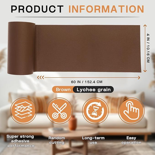 Fadoub Leather Repair Patch, 4 x 63In Self Adhesive Leather Repair Tape for Furniture, Vinyl Repair Tape for Repairing Vinyl, Couch, Sofa, Car Seats, Car Interior (Brown)