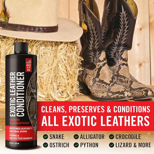 Exotic Leather Conditioner for Boots — 3-in-1 Cleaner, Conditioner & Protectant for Ostrich, Python, Lizard, Caiman & Snakeskin, Leather Boot Care Kit for Cowboy Boots, 8 fl oz Spray, Made in USA