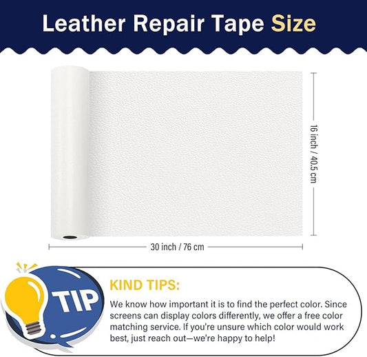 Zenyao Leather Repair Patch Tape - Self Adhesive Leather Repair Kit for Car Seat Furniture, Heavy Duty Vinyl Repair Patch for Couch Sofa, Waterproof for Rips Scratches Tears, 16x30 Inch Roll, White