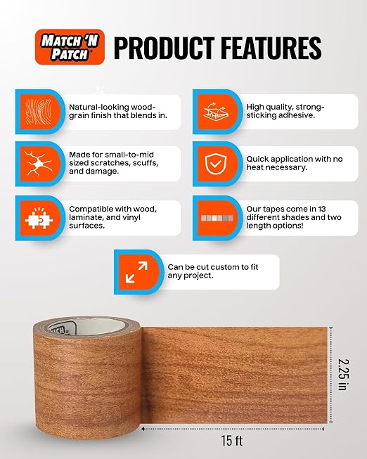 MATCH 'N PATCH Wood Grain Repair Tape - Wheat Maple, 2.25 in x 15 ft (1-Pack) – Wood Grain Colored Duct Tape for Mirror Frame, Trim, Borders, Floor and Other Furniture, Scratch Repair Kit
