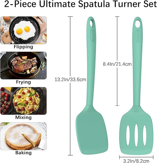 Coukre 2 Pack Silicone Spatula Set, High Heat Resistant, BPA Free Kitchen Spatula, Solid & Slotted Turner for Non-Stick Pans, Sautéing, and Flipping (2, PureAquaGreen)