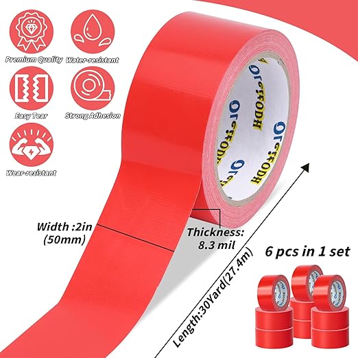 Oleitodh 6 Pack Red Duct Tape Heavy Duty,8.3 Mil Thickness,2 Inches x 30 Yards,Strong Industrial Strength,Flexible,No Residue,Waterproof and Tear by Hand,Multi-Use for Indoor & Outdoor Repairs