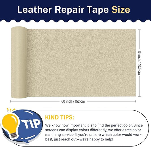 Zenyao Leather Repair Patch Tape - Self Adhesive Leather Repair Kit for Car Seat Furniture, Heavy Duty Vinyl Repair Patch for Couch Sofa, Waterproof Fix for Tears, 16x60 Inch Roll, Off White