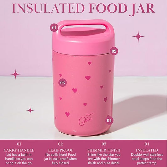 Paris Hilton Stainless Steel Food Jar, Double Wall Vacuum Sealed Insulated Food Storage Container with Carry Handle Lid, 16-Ounce, Pink with Heart Design