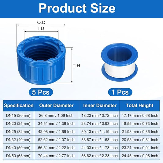 uxcell 5Pcs 1/2 Inch PT Female Thread PVC Pipe Fitting Cap, Cleanout Water Drain End Caps, Pipe Plug Socket Fittings with Tape for Water Heater Supply Lines, Plumbing, Blue