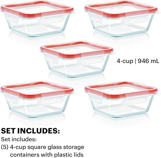 Pyrex Freshlock (5-Pack, 4 Cup) Glass Food Storage Containers Set, Airtight & Leakproof Plastic Locking Lids BPA-Free, Meal Prep Containers Set, Freezer Dishwasher Microwave Safe