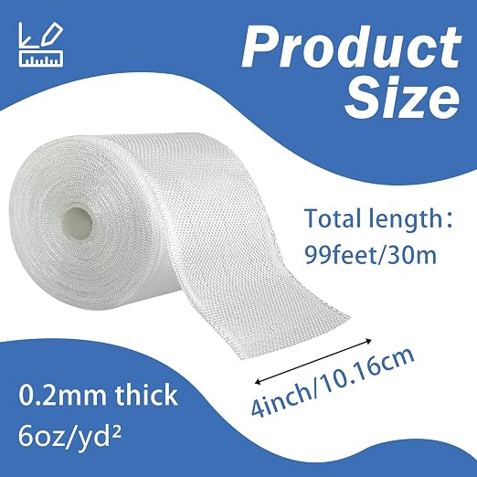 Fiberglass Cloth Roll, 4 Inches*99 Feet 6oz E-Glass Plain Weave | Fiberglass Cloth Tape Strip Non Adhesive for Repairing and Reinforcing Pipes, Cars, Sinks, Bathtubs, Boats