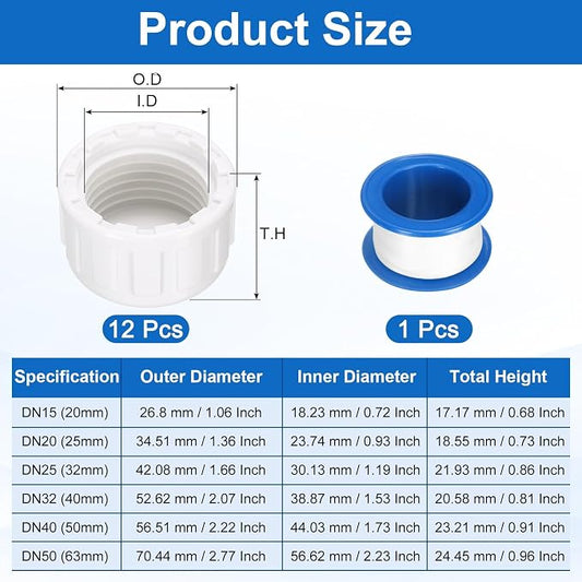 uxcell 12Pcs 1/2 Inch PT Female Thread PVC Pipe Fitting Cap, Cleanout Water Drain End Caps, Pipe Plug Socket Fittings with Tape for Water Heater Supply Lines, Plumbing, White